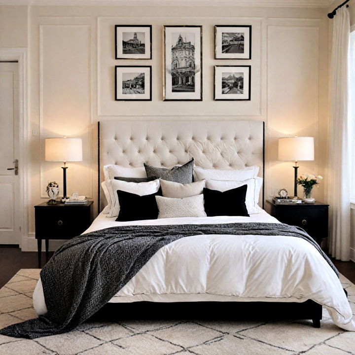 white bed with black details