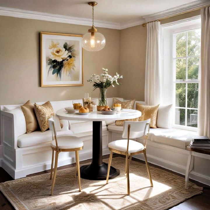 white breakfast nook with gold cushions