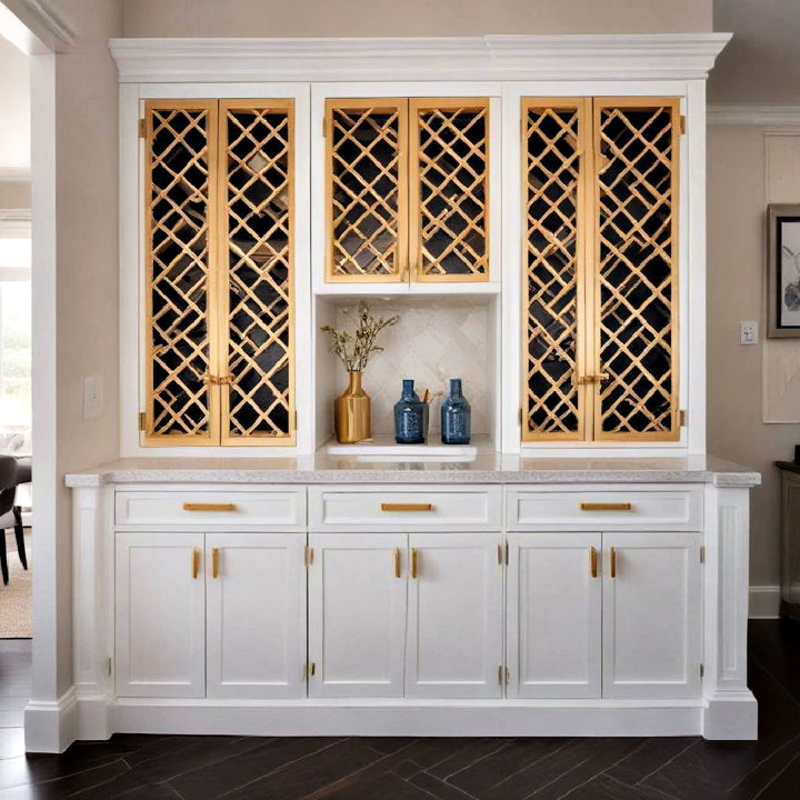 white cabinetry with gold lattice doors