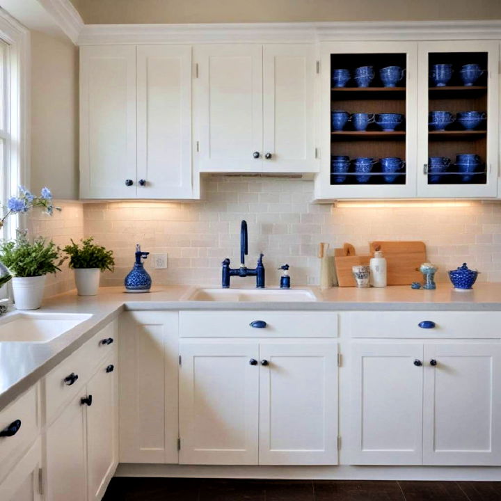 white cabinets with blue hardware