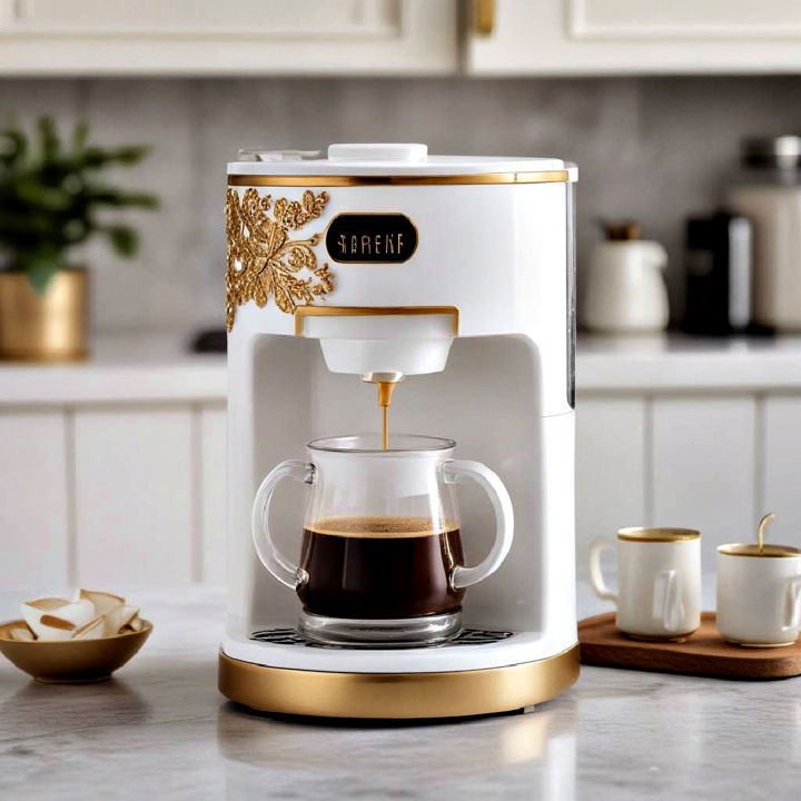 white coffee maker with gold accents