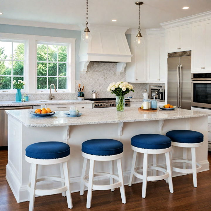 white counter stools with blue seat cushions