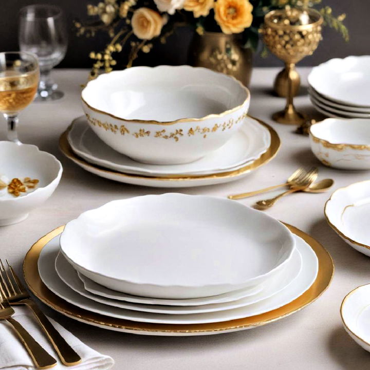 white crockery with gold accents