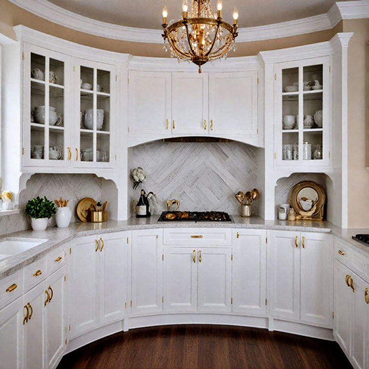 white curved cabinets with gold hardware