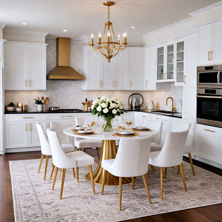 white dining chairs with gold detailing