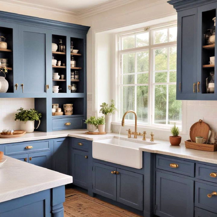 white farmhouse sink with blue cabinetry