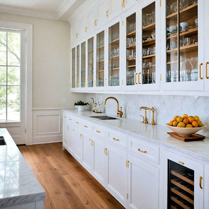 white glass front cabinets with gold hardware