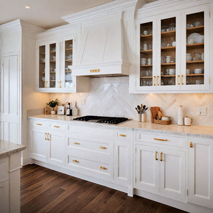 white inset cabinets with gold hardware