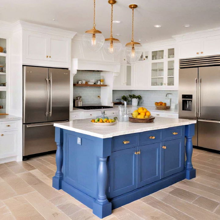 white kitchen island with blue base design