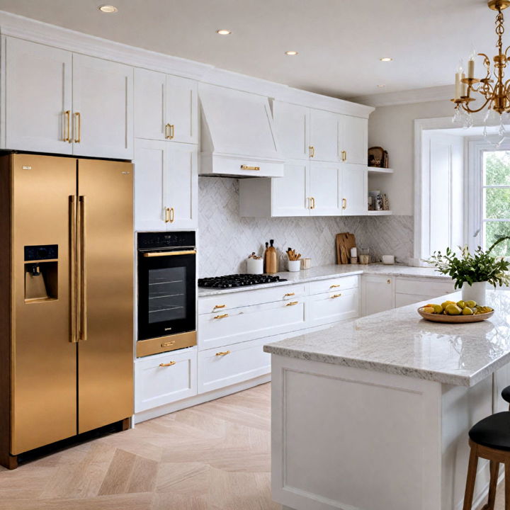white kitchen with gold appliances