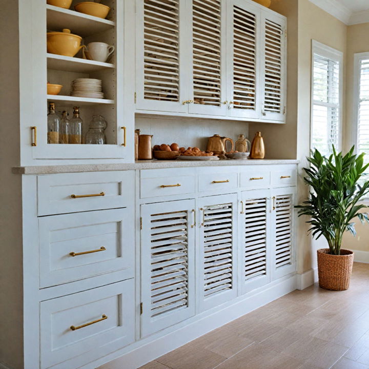 white louvered cabinets with gold hardware