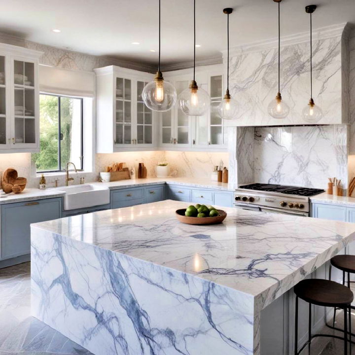 white marble countertop with blue veins