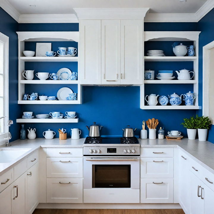 white open cabinets with blue backdrop