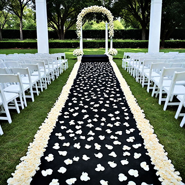 white rose petals on black aisle runner