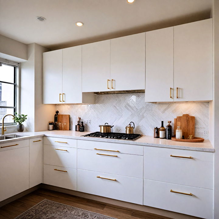 white slab cabinets with gold hardware