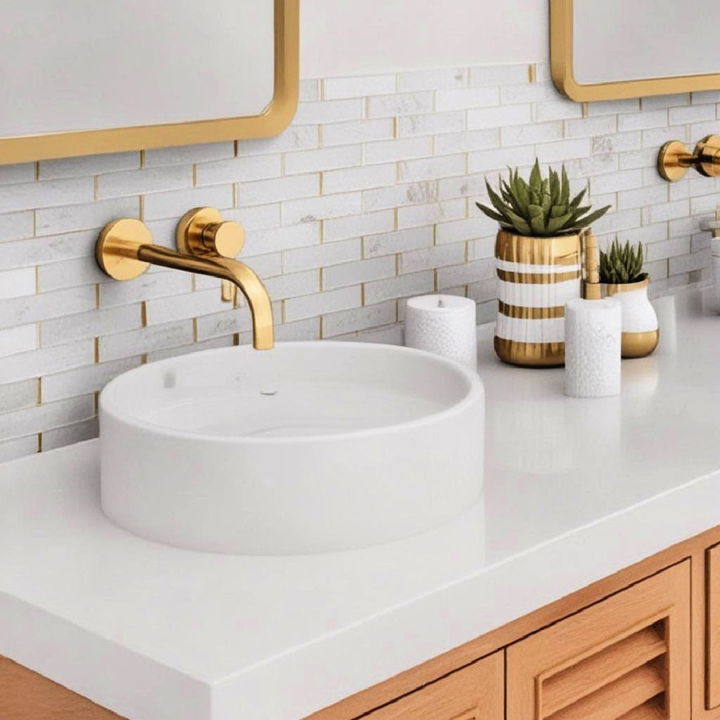 white subway tiles with gold grout