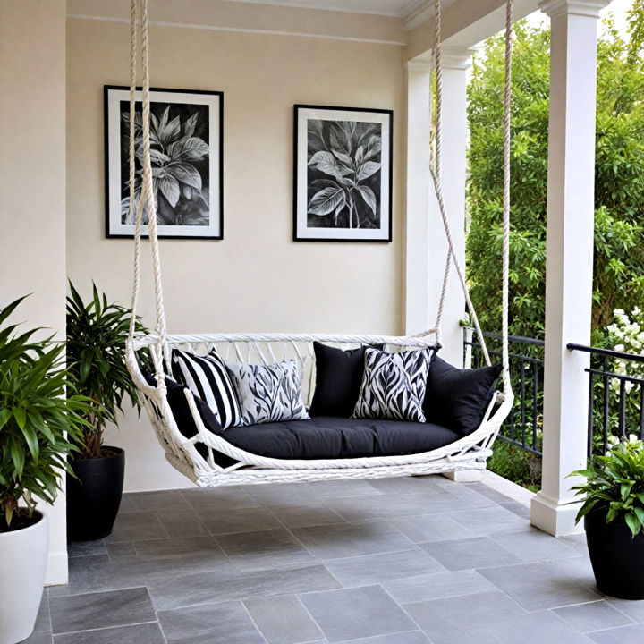 white swing with black cushion