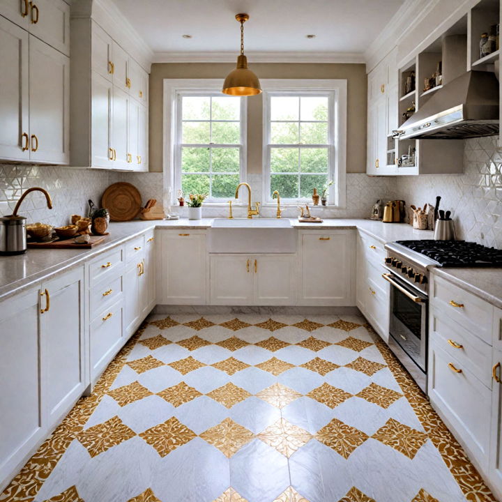 white tiles with gold patterns kitchen floor