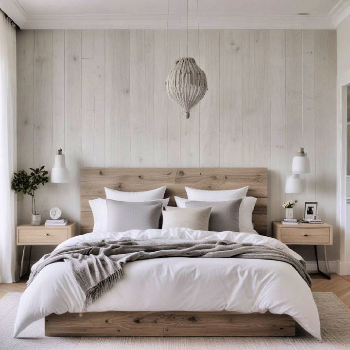 whitewashed wood wall for grey and white bedroom