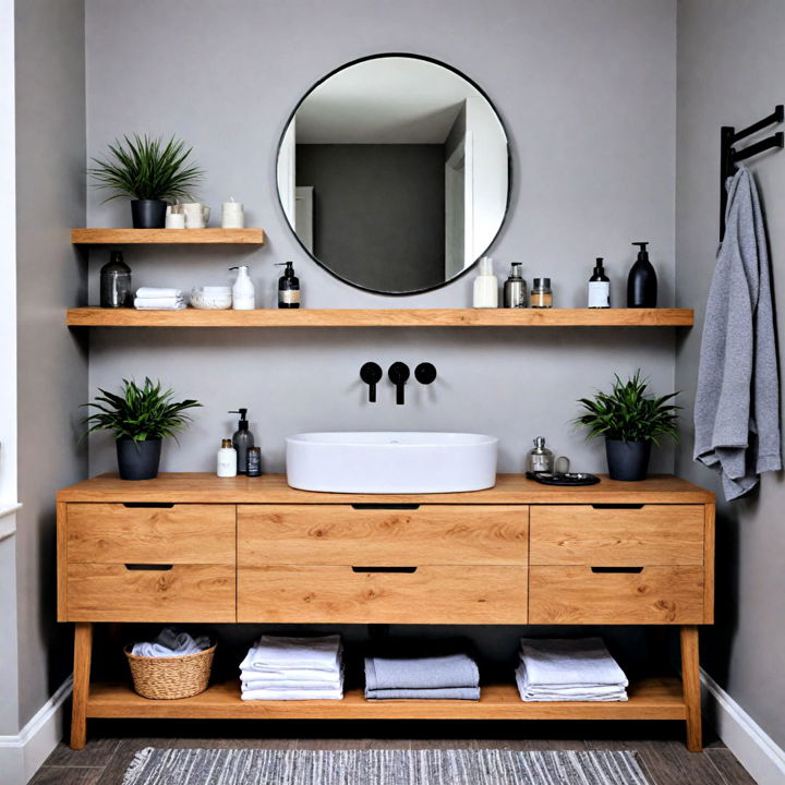 wooden accents black and grey bathroom