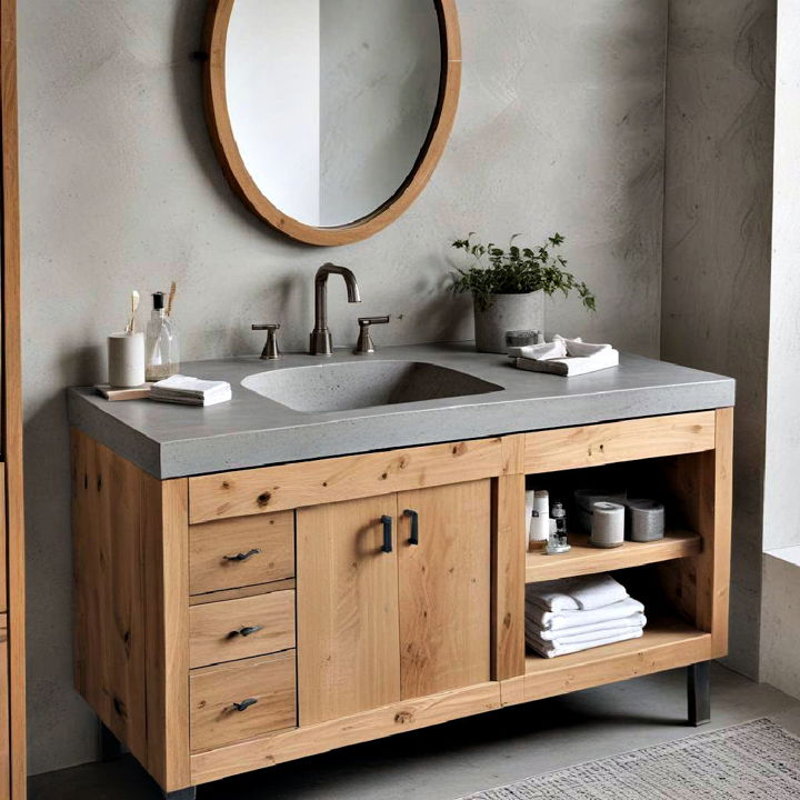 wooden vanity with concrete countertop