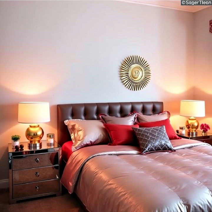 80s style bedroom with sleek metallic accents