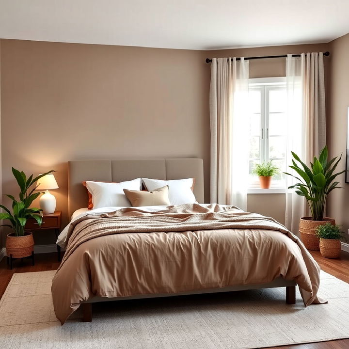 add greenery for a natural touch in taupe bedroom