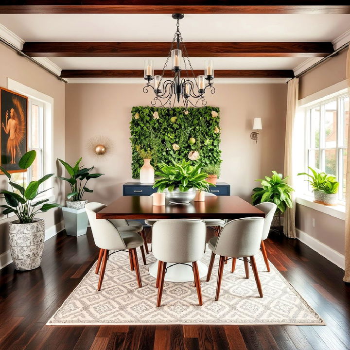 add greenery to balance the dark dining room floors