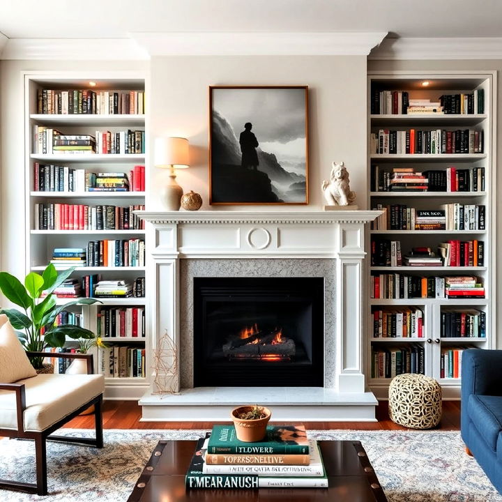 aesthetics fireplace and bookshelves