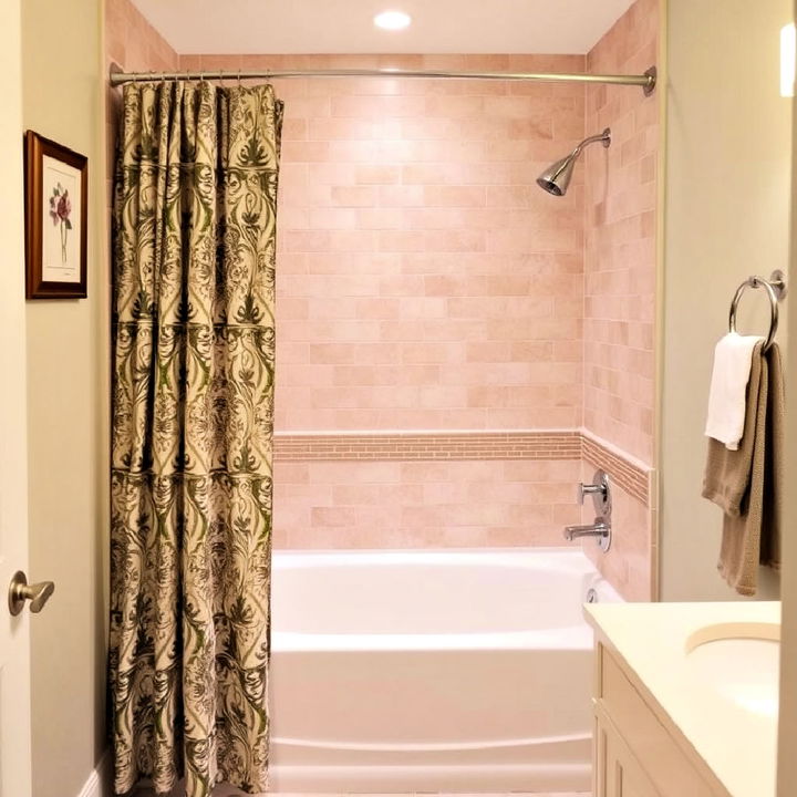 alcove tub with curtain and tile surround