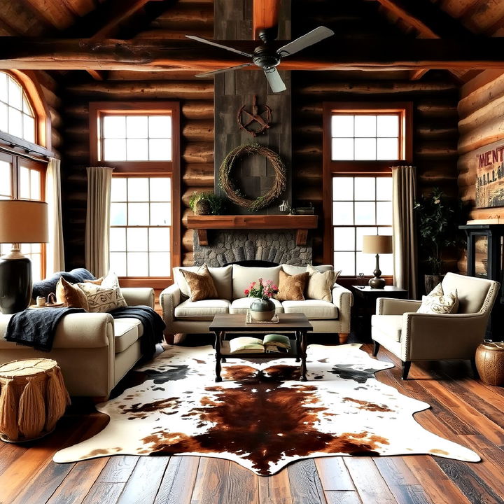 animal hide rugs for primitive living room