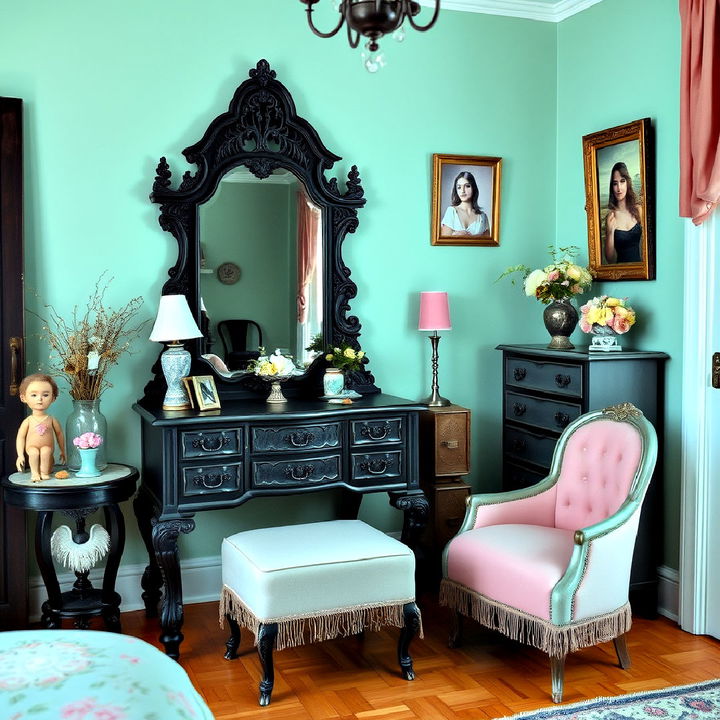 antique style furniture for pastel goth bedroom