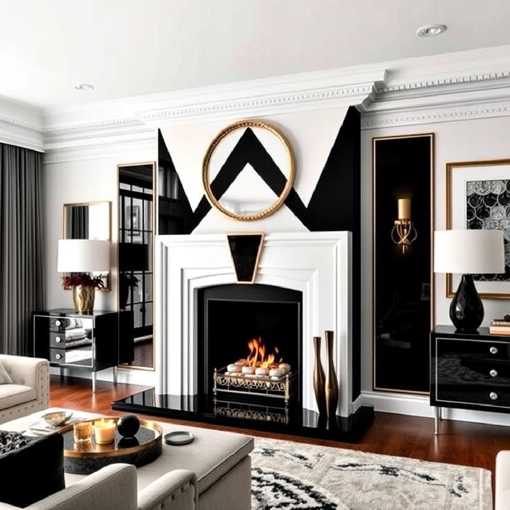 art deco glamour black and white fireplace