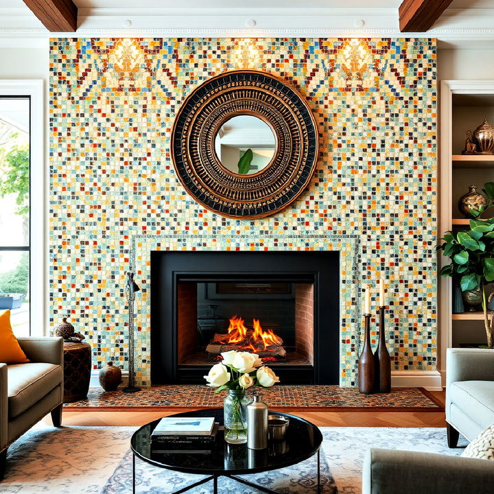 artful mosaic tiles fireplace