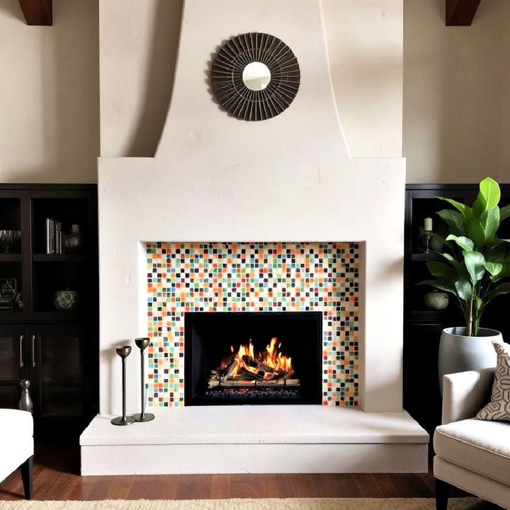 artistic flair with mosaic tiles stucco fireplace