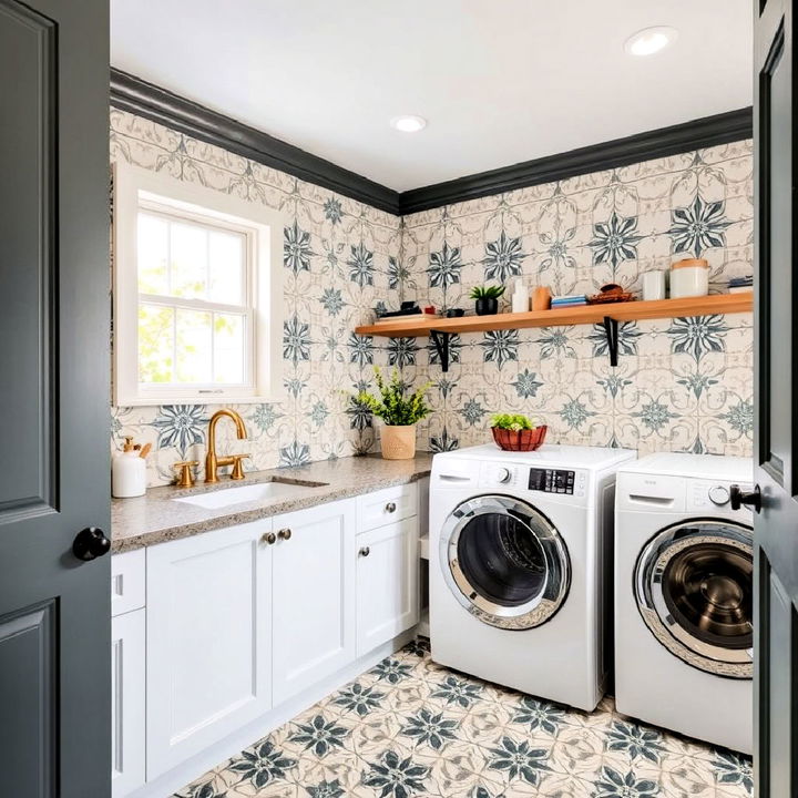 artistic laundry room with encaustic tiles