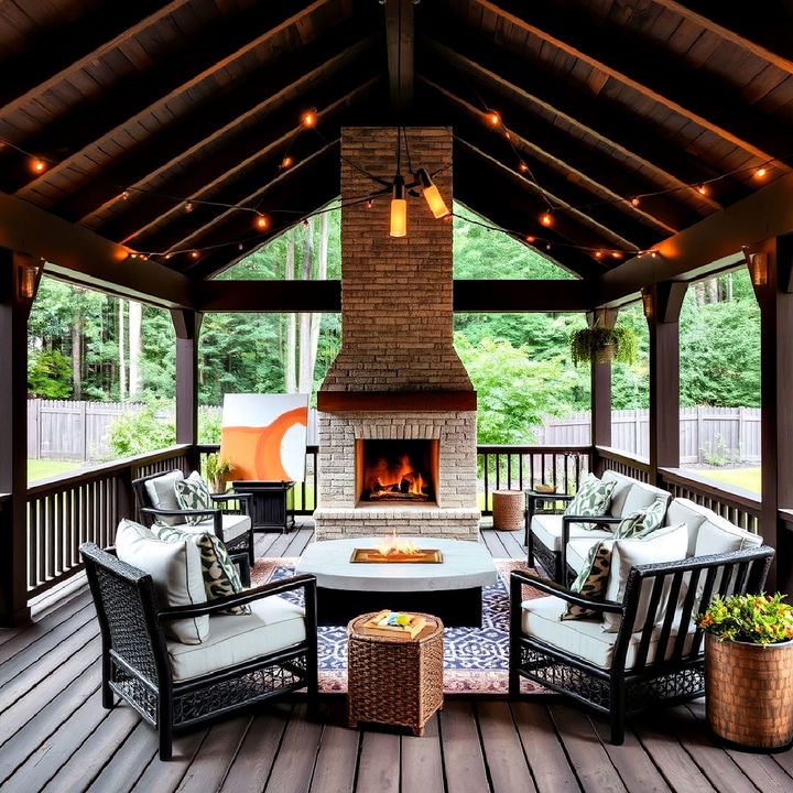 artistic retreat deck with fireplace