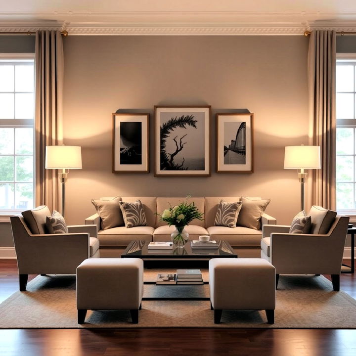 balanced lighting with twin floor lamps in living room