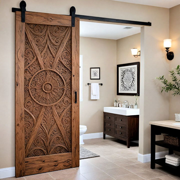 barn door with decorative wood carvings