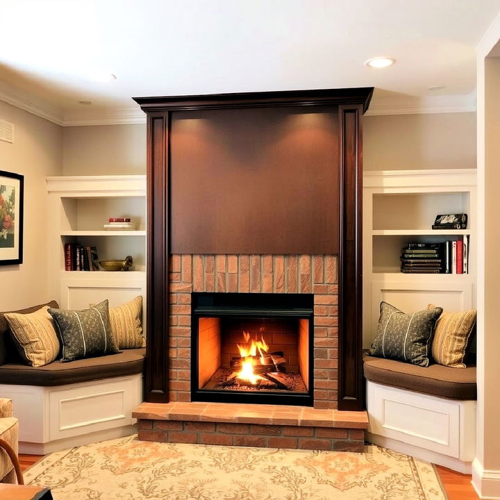 basement fireplace with built in seating