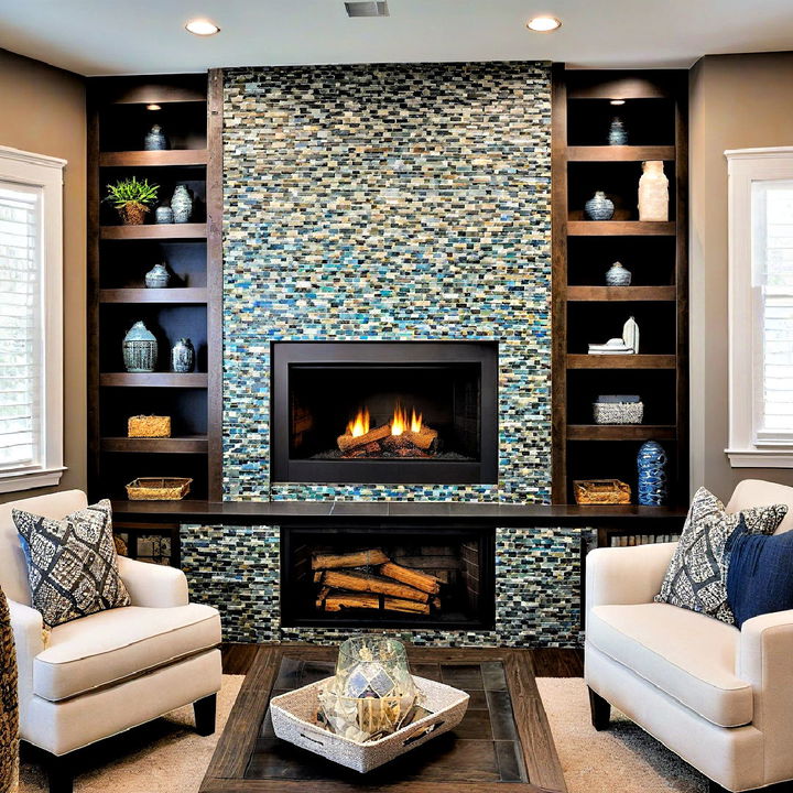 basement fireplace with mosaic tile accent