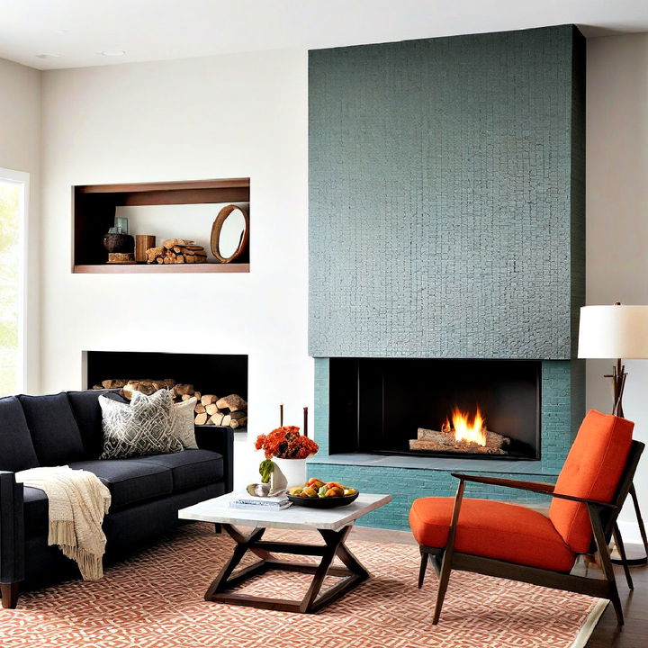 basement mid century modern fireplace