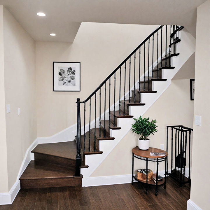 basement staircase with a black metal railing