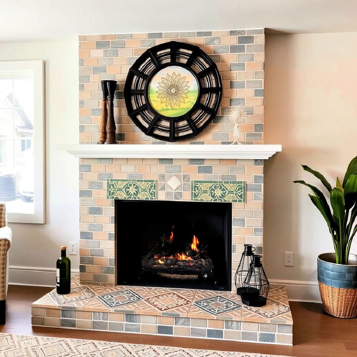 basement tile clad fireplace