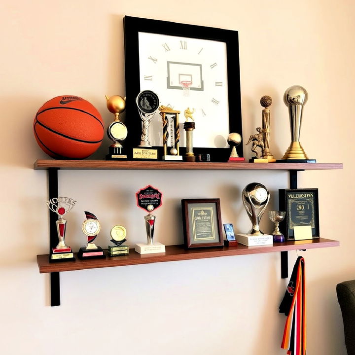 basketball trophies display shelf as a focal point