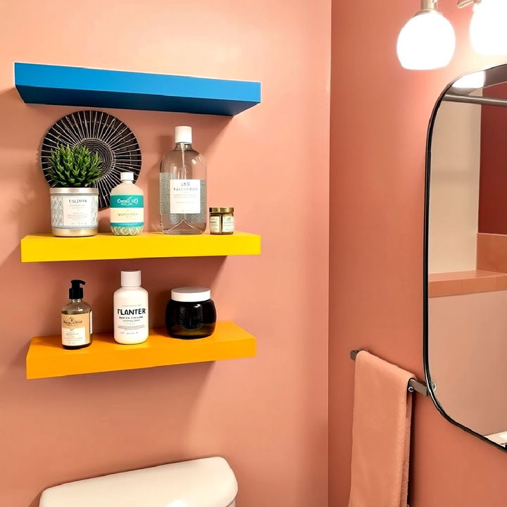 bathroom floating shelves in bold colors