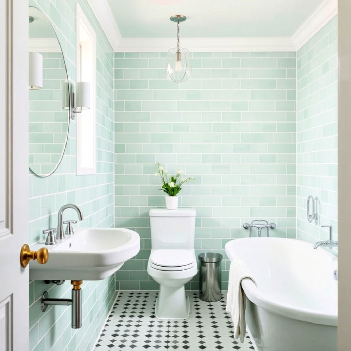 bathroom mint green tiles with white accents