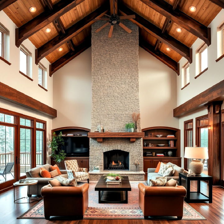 beams with a vaulted stone fireplace