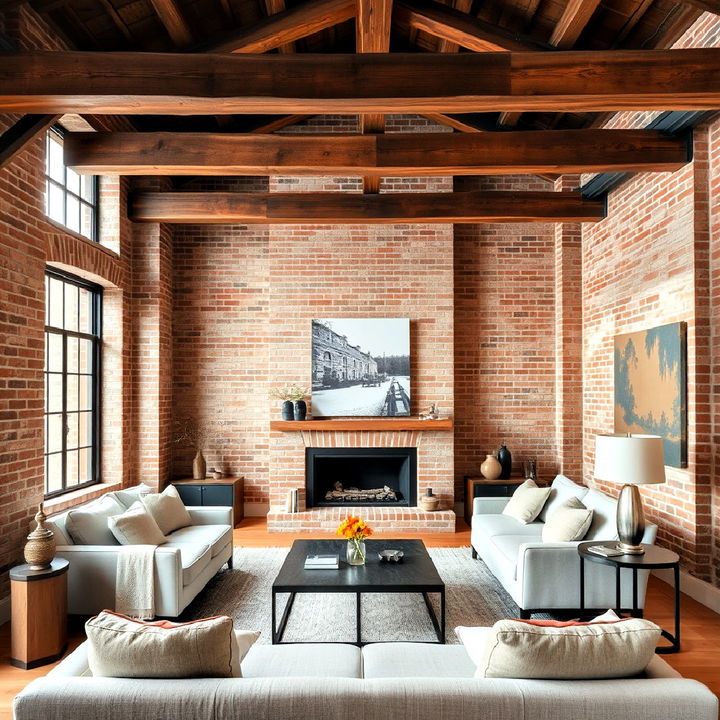 beams with exposed brick walls for living room