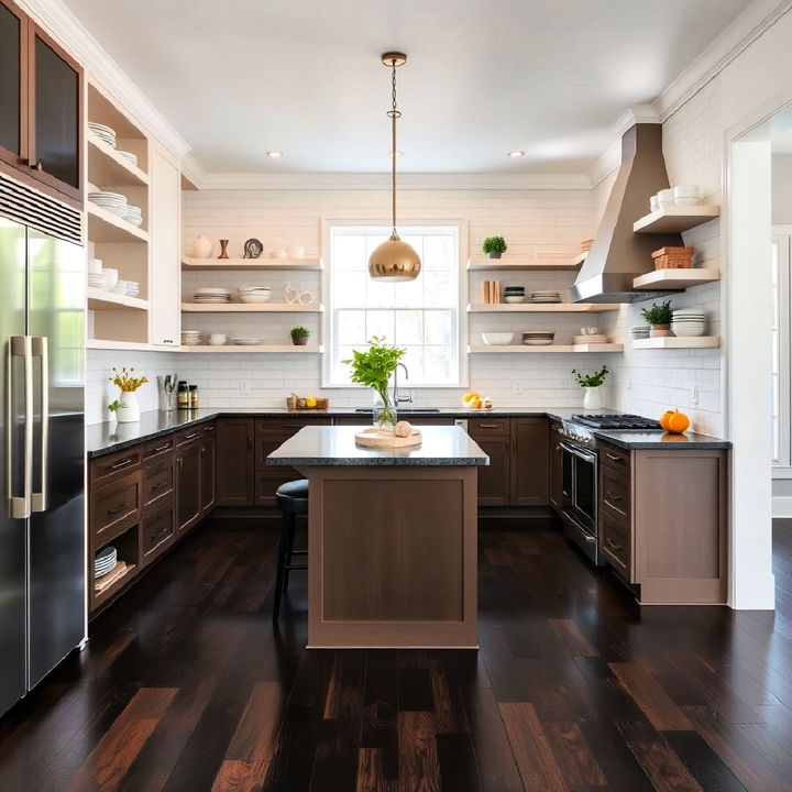 beautiful dark wood floor with open shelving